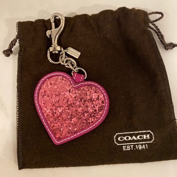 Coach Red & Pink Glitter Heart Keychain Fob Bag Charm Silver Hardware - Picture 6 of 8